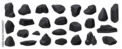 Cartoon coal. Charcoal ore rock, black carbon mine mineral stone pile. Fossil fuel, graphite material, miner production, dark basalt. Vector isolated set