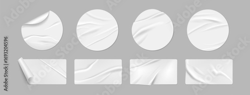 White stickers, glued paper patches. Round and rectangle adhesive paper sticker with fold, blank realistic 3d price tag, sticky plastic labels with wrinkles. Vector mockup set