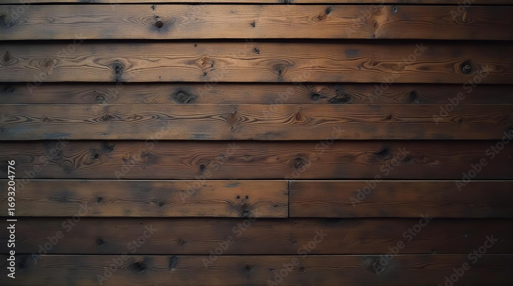 Fototapeta premium Rich dark brown rustic wooden wall background featuring horizontal planks, natural wood grain, and prominent knots. Ideal for vintage textures and aged timber design concepts.