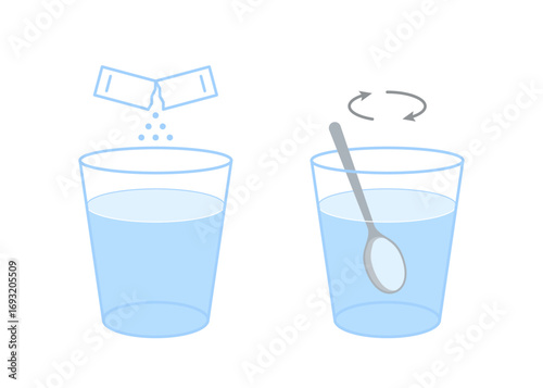 Pour sachet bag with medical soluble powder into glass of water. Open paper pack stick with powder and stir. Soluble bag medication or food sugar, salt, coffee. Symbol pouch. Vector illustration