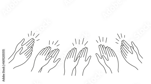 Hands clap line art, applause and appreciate group of people. Congratulations, support, thanksgiving, feedback. Vector illustration