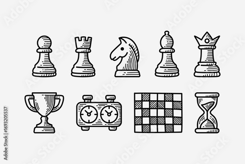 Chess game kit hand drawn icon set. Chess tournament tool engraved element design pack. Chess piece, Pawn, Rook, Knight, Bishop, Queen, King, Trophy, Timer, Chessboard, Hourglass. Vector Illustration