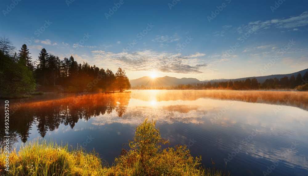 Fototapeta premium Serene Sunrise Reflection On Still Surface Of Tranquil Lake Scene