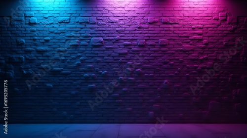 Vibrant neon blue and pink LED lights illuminate a textured grunge brick wall and dark floor, creating a modern futuristic background for gaming or club events.