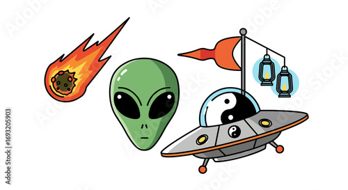 Cartoon illustration featuring a comet, alien head, and a yin yang decorated flying saucer craft