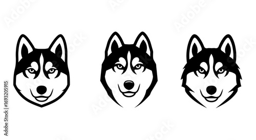 Three stylized husky dog heads arranged side by side with varying facial expressions and designs