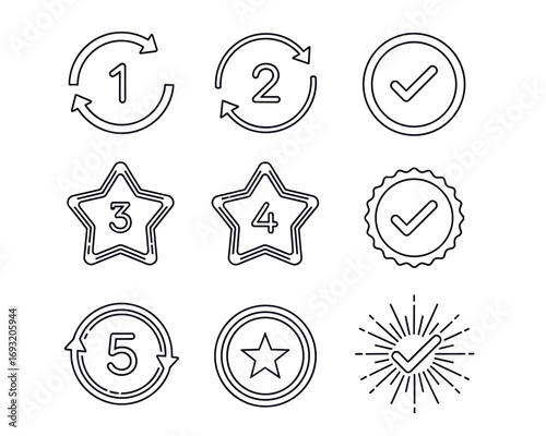 Nine outlined graphic elements featuring numbers, stars, arrows and check mark icons arranged neatly