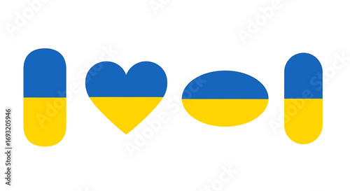 Shapes with blue and yellow halves including heart and capsules arranged horizontally aligned row