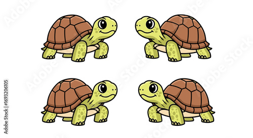 Four cartoon turtles with brown shells and green bodies facing each other on a white plane