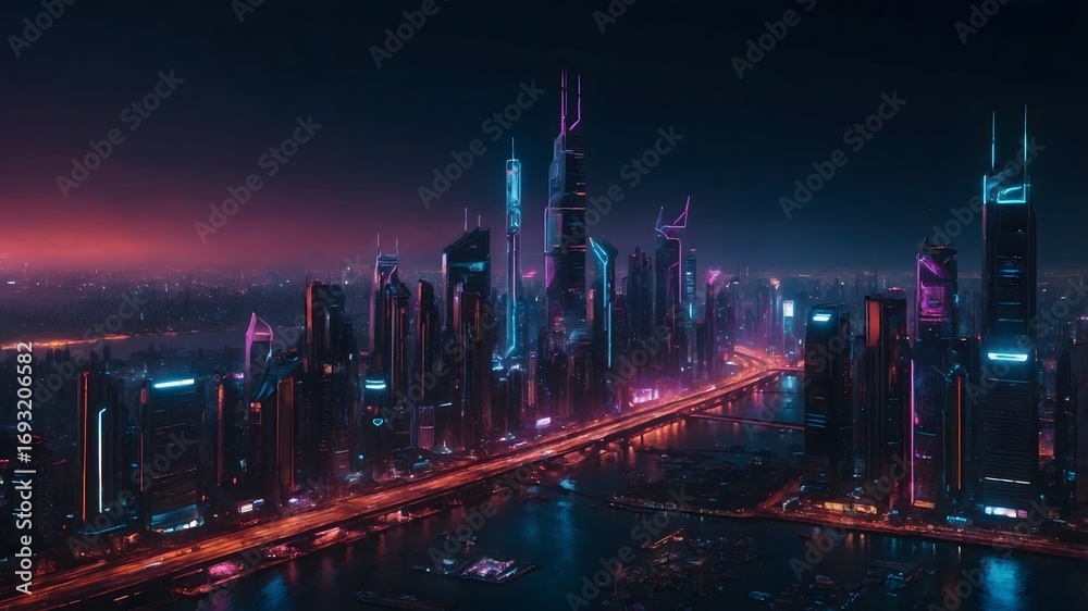 Obraz premium Skyline futurista nocturno con rascacielos iluminados y puente sobre el río