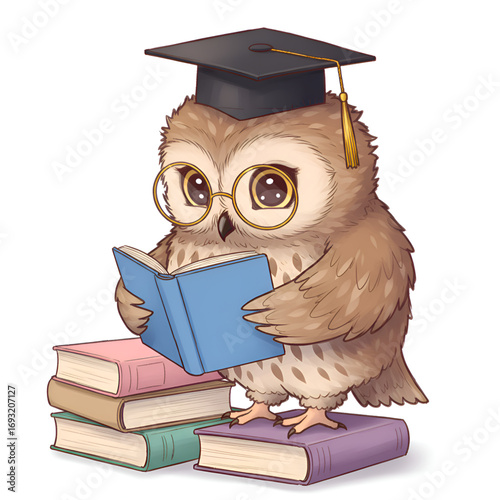 Studious Cartoon Owl with Graduation Cap and Books