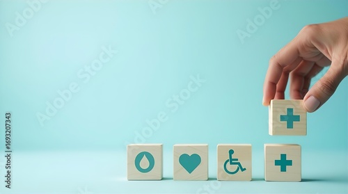 Hand placing medical cross block. Wooden cubes with blood, heart, disability icons on a clean blue background. Healthcare support concept.