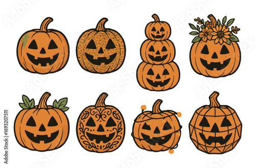 Halloween pumpkins silhouette icon set. featuring scary, floral, stacked, geometric, and ornate designs.