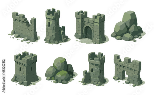 Medieval structures flat icon set. featuring castle, towers, walls, and rocks.