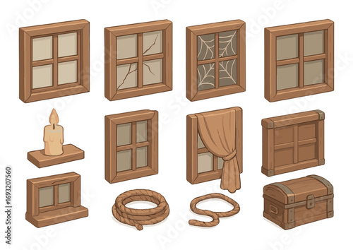 Medieval wood silhouette icon set. featuring window, candle, rope, curtain, chest, cobweb symbols.