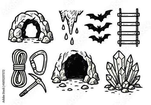 Cave exploration linear icon set. featuring caves, bats, crystals, pickaxe, rope, and ladder icons..
