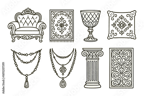 Vintage decor linear icon set. featuring sofa, rug, goblet, pillow, jewelry, column, and panel designs.