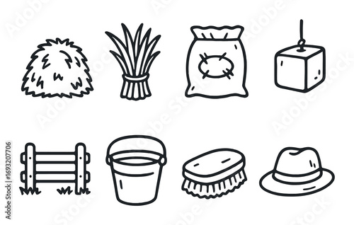 Farm tools silhouette icon set. featuring hay, wheat, sack, hay bale, fence, bucket, brush, hat.