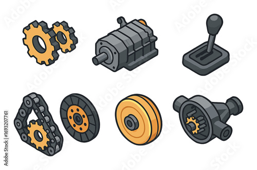 Automotive parts flat icon set. featuring gears, gearbox, lever, chain, flywheel, pulley, differential.
