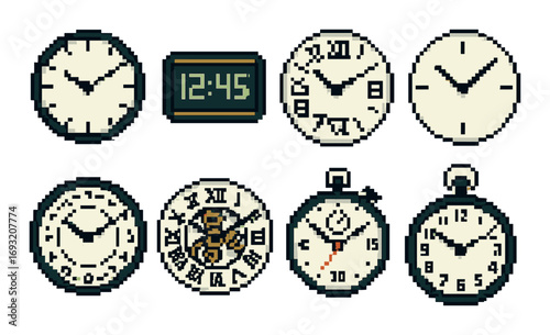 Timepiece pixel icon set. featuring analog, digital, stopwatch, 24-hour clock, and alarm designs.