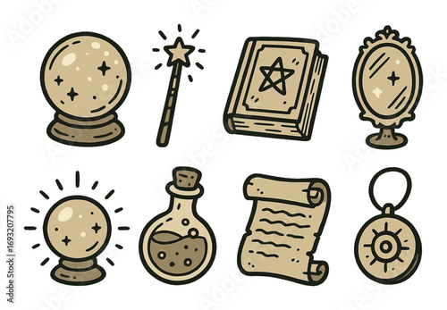 Magic themed linear icon set. featuring crystal ball, wand, spellbook, mirror, potion, scroll, amulet.