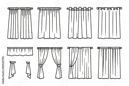 Home decor linear icon set. featuring curtains, drapes, window treatments, valance, and sheers.