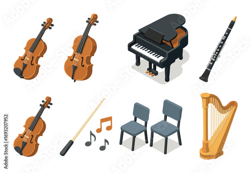 Music instruments silhouette icon set. featuring violin, piano, clarinet, conductor baton, chairs, harp symbols.