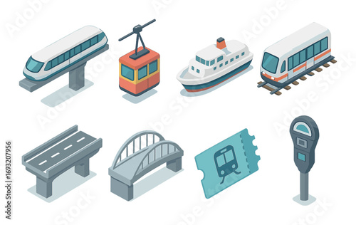 Transportation isometric icon set. featuring train, tram, ferry, metro, bridge, ticket, and parking meter symbols.