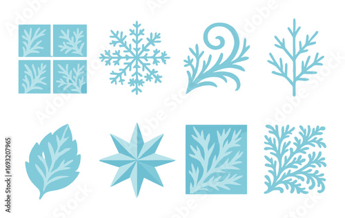 Winter elements silhouette icon set. featuring snowflake, leaf, frost, and star symbols.