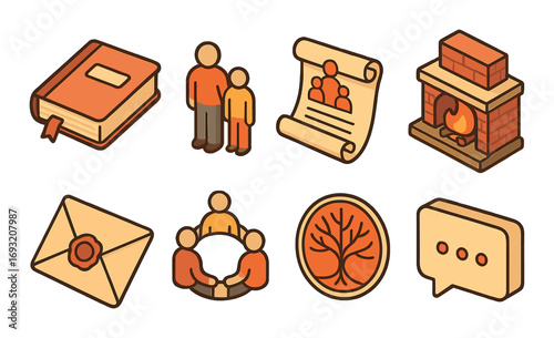 Family activities flat icon set. featuring book, family, document, fireplace, letter, meeting, tree, chat symbols.