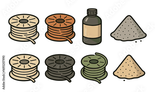 Gardening tools flat icon set. featuring wire spool, bottle, and soil symbols.