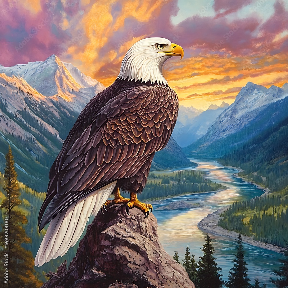 Fototapeta premium Scenic bald eagle perched proudly against background of forested mountains image