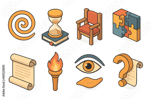 Ancient egypt isometric icon set. featuring spiral, hourglass, throne, puzzle, scroll, torch, eye, duck, question mark.
