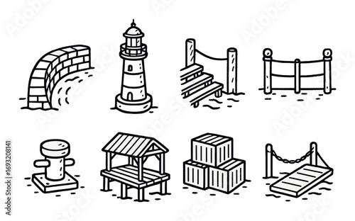 Marine structures linear icon set. featuring lighthouse, pier, dock, barrier, steps, bollard, crates, gazebo.