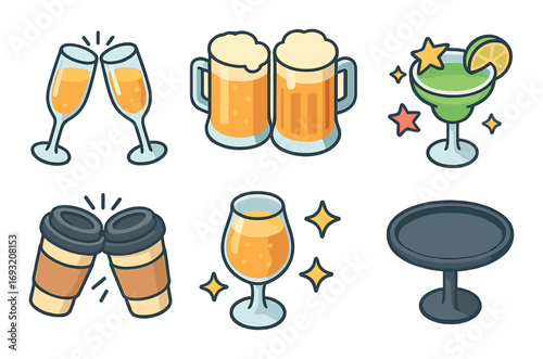 Beverage icons set in flat style. featuring wine, beer, cocktail, champagne, coffee, and table symbols.