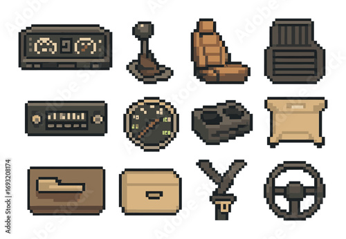 Automotive parts pixel icon set. featuring speedometer, gear shift, car seat, radio, cup holder, steering wheel.