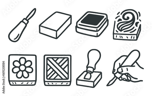 Handcrafted tools linear icon set. featuring carving knife, eraser, ink pad, stamp, and glue stick.
