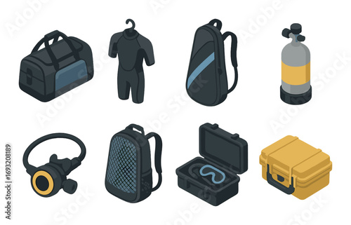 Diving equipment icon set in flat style. featuring duffel bag, wetsuit, tank, snorkel, backpack, and case.