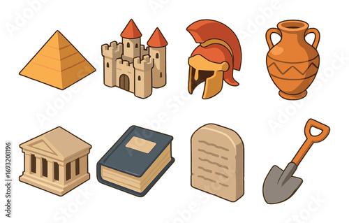Ancient history flat icon set. featuring pyramid, castle, helmet, vase, temple, book, tablet, and shovel symbols.
