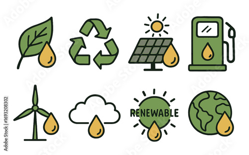 Eco energy linear icon set. featuring leaf, recycle, solar panel, fuel, wind turbine, cloud, renewable, and globe symbols.
