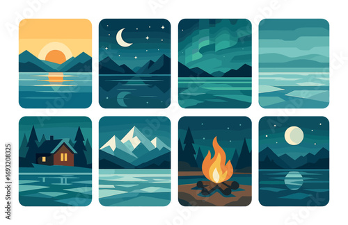 Nature and adventure flat icon set. featuring sunset, night sky, northern lights, cabin, mountains, campfire, and moonlit lake.