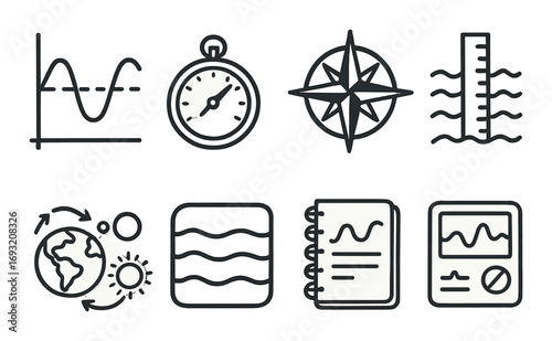 Science and earth study silhouette icon set. featuring graph, compass, globe, notebook, and climate symbols.