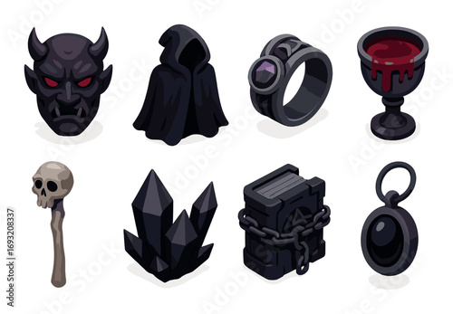 Dark fantasy silhouette icon set. featuring demon, hood, ring, chalice, skull, crystals, book, and pendant.