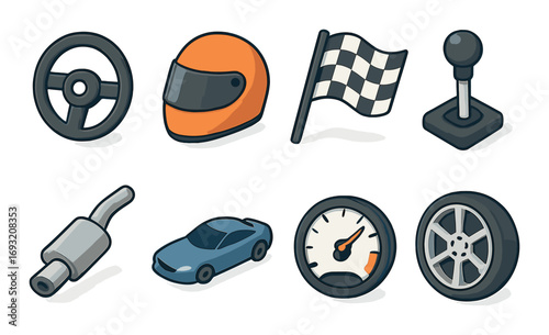 Racing equipment flat icon set. featuring steering wheel, helmet, flag, gearshift, exhaust, car, speedometer, wheel.