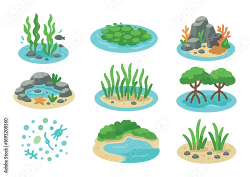 Aquatic habitat flat icon set. featuring lake, pond, mangrove, algae, coral, and seaweed symbols.