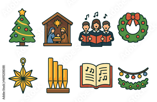 Christmas celebration flat icon set. featuring tree, nativity, choir, wreath, star, candles, music book, and garland symbols.