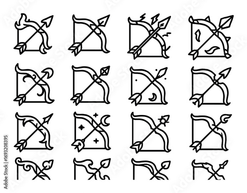 Archery equipment linear icon set. featuring bow, arrow, quiver, target, and crossbow symbols.