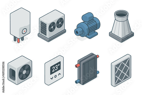Hvac equipment isometric icon set. featuring boiler, air conditioner, motor, exhaust, radiator, thermostat, and filter.
