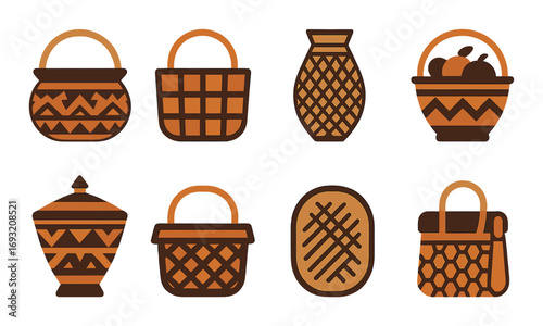 Basket silhouette icon set. featuring woven, fruit, traditional, round, square, handled, and decorative symbols..