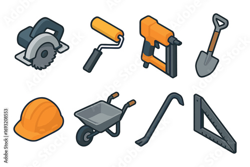 Construction tools flat icons set. featuring saw, roller, drill, shovel, helmet, wheelbarrow, crowbar, and square.